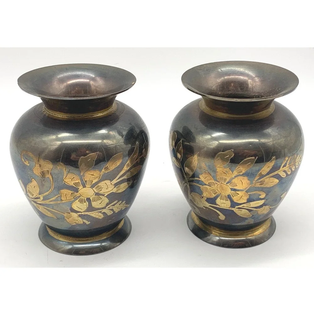 2 Vintage Brass Bud Vases Blue Gold Etched Floral India Small Footed MCM Pair